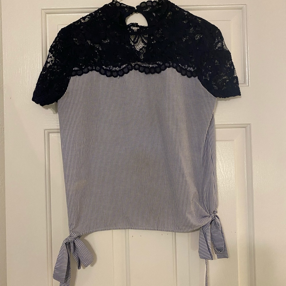 Zara XS Navy High Neck Lace and Striped Top